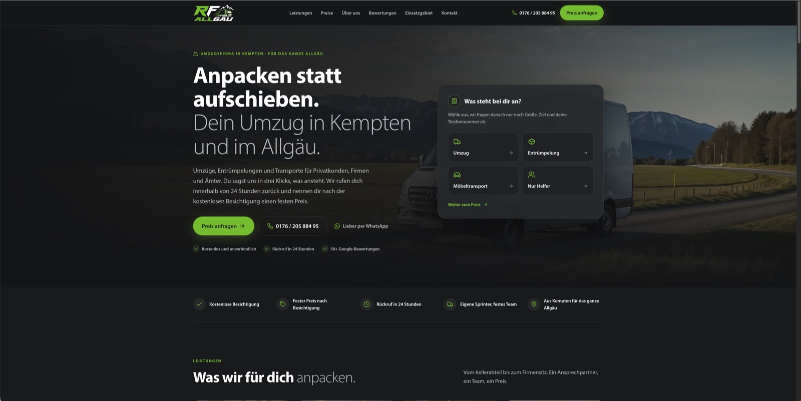 Angebotsseite Preisanfrage von RF Allgäu am Desktop